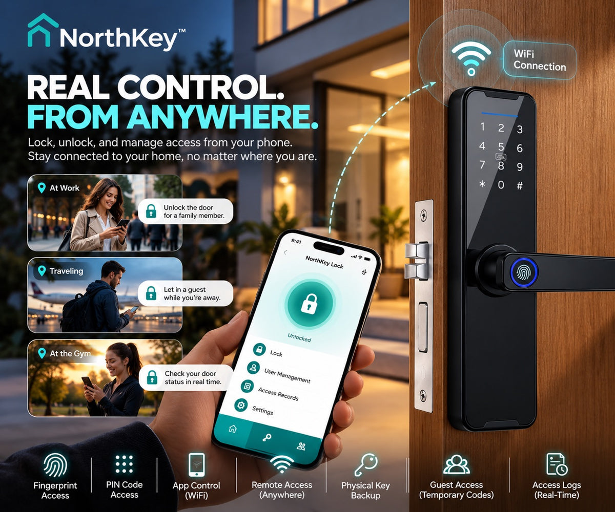 NorthKey WF11 WiFi lever lock on a wooden door, fits aluminum, wooden and metal doors, mortise options shown