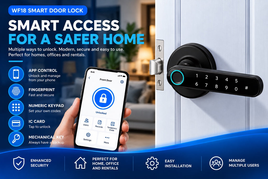 W18 fingerprint lever lock on a white door next to a phone showing the app