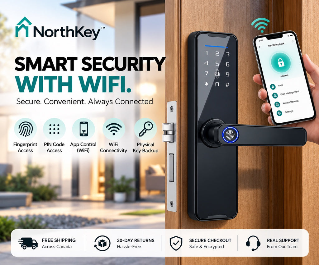 NorthKey WF11 with phone showing the app, fingerprint, PIN, app, WiFi and key backup