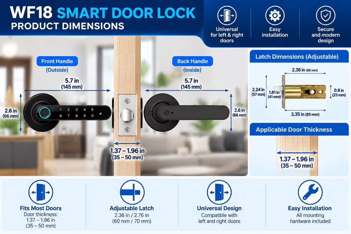 W18 product dimensions diagram with handle, latch and door thickness measurements