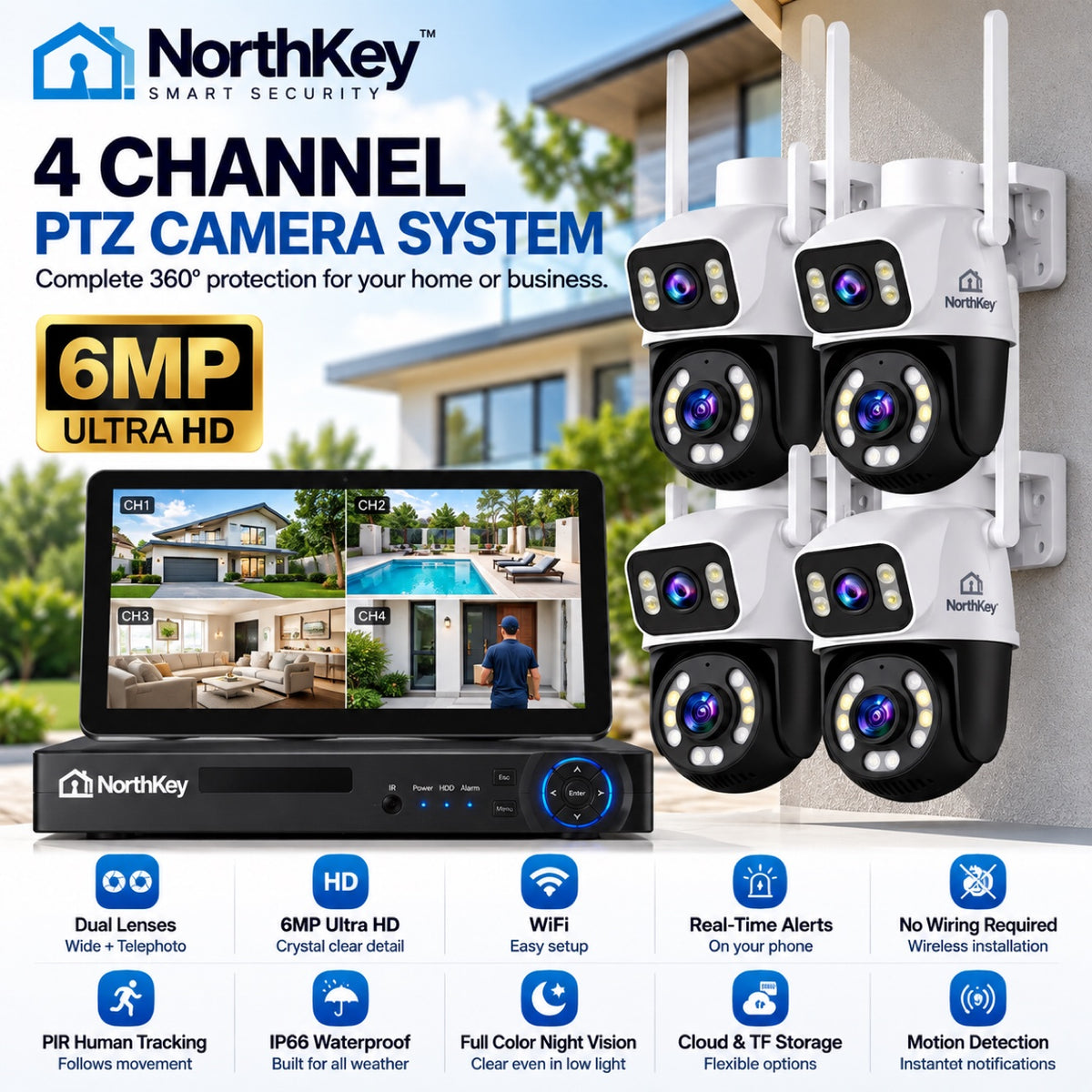 NorthKey 4-Camera Security System – 6MP WiFi PTZ Cameras