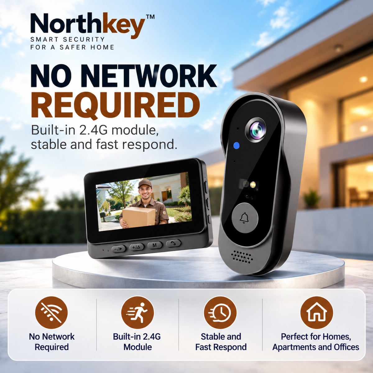 NorthKey X8 Smart Wireless Video Doorbell – 1080p with 4.3" Indoor Monitor