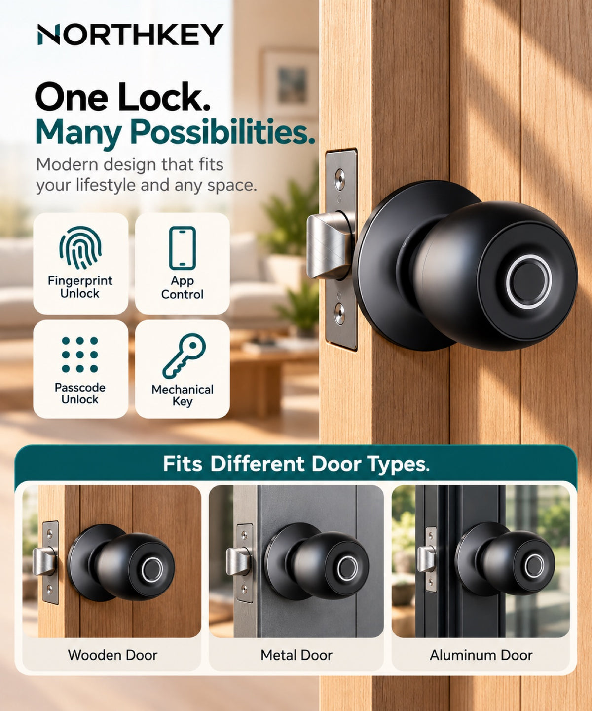 NorthKey WF33 knob on a wooden door, fits wooden, metal and aluminum doors