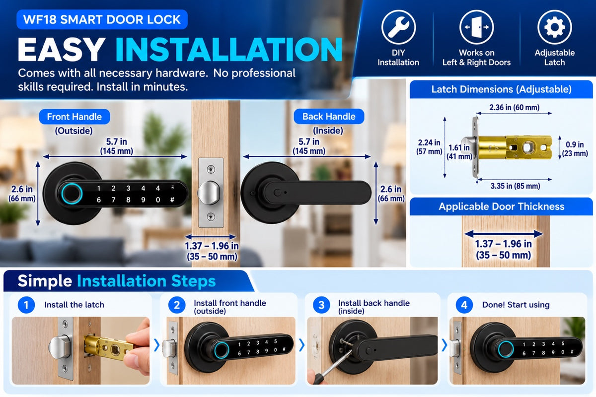 W18 installation guide with handle dimensions, latch sizes and simple installation steps