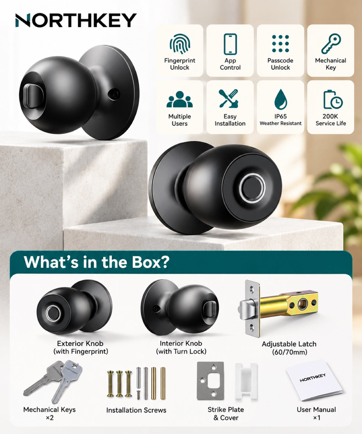 What is in the box: WF33 exterior and interior knobs, adjustable latch, keys, screws, strike plate and manual