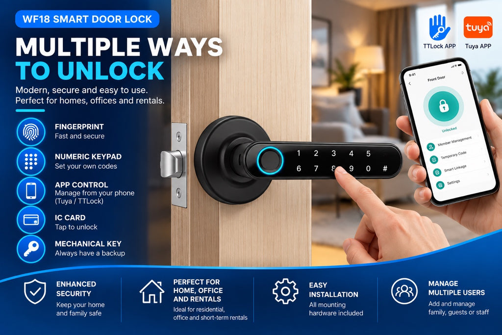 Unlocking the W18 with a PIN code on the keypad, phone app beside it