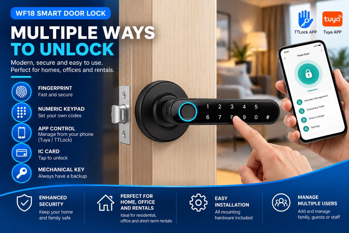 Unlocking the W18 with a PIN code on the keypad, phone app beside it