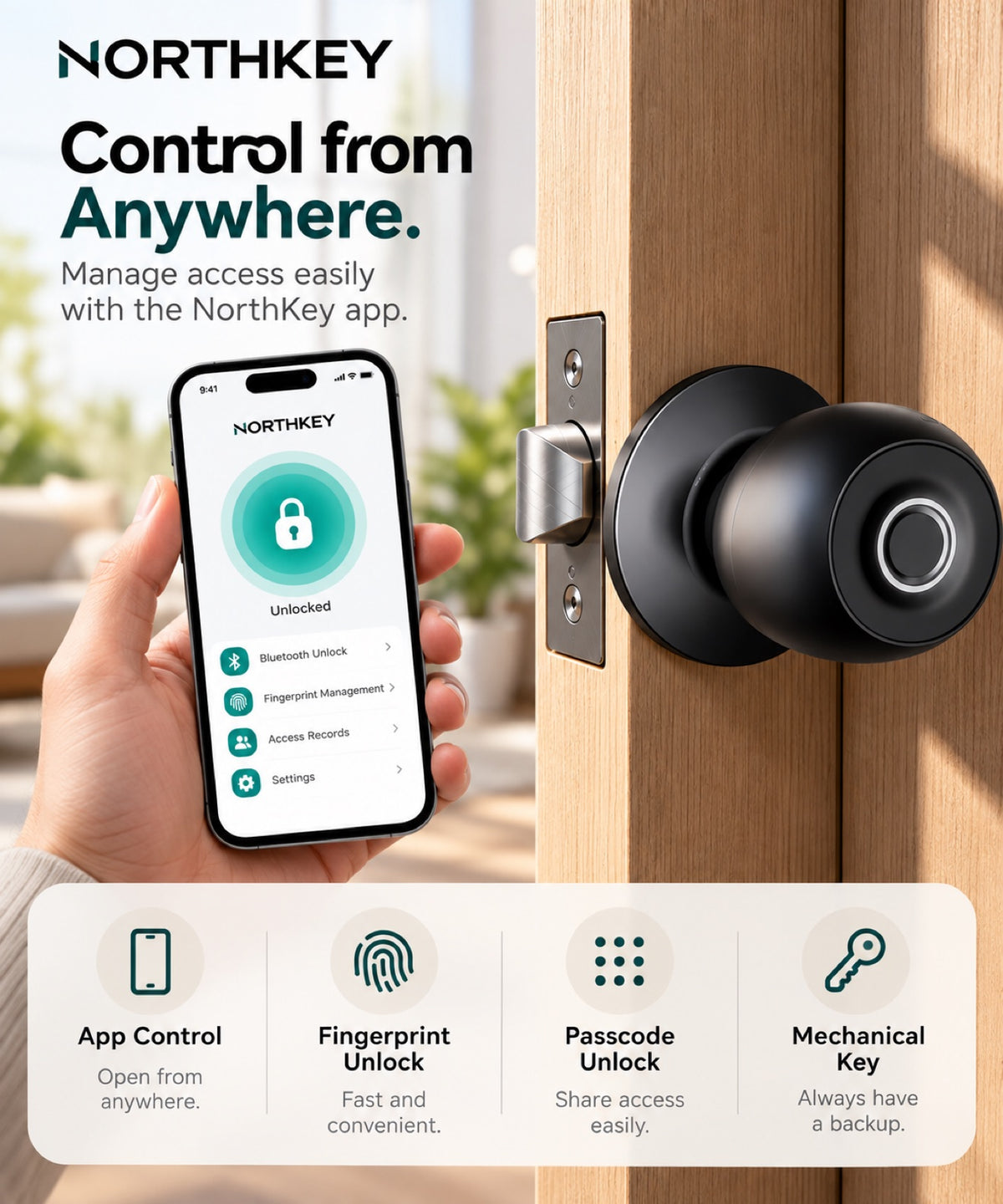 NorthKey WF33 with phone showing the app, fingerprint, passcode and key unlock