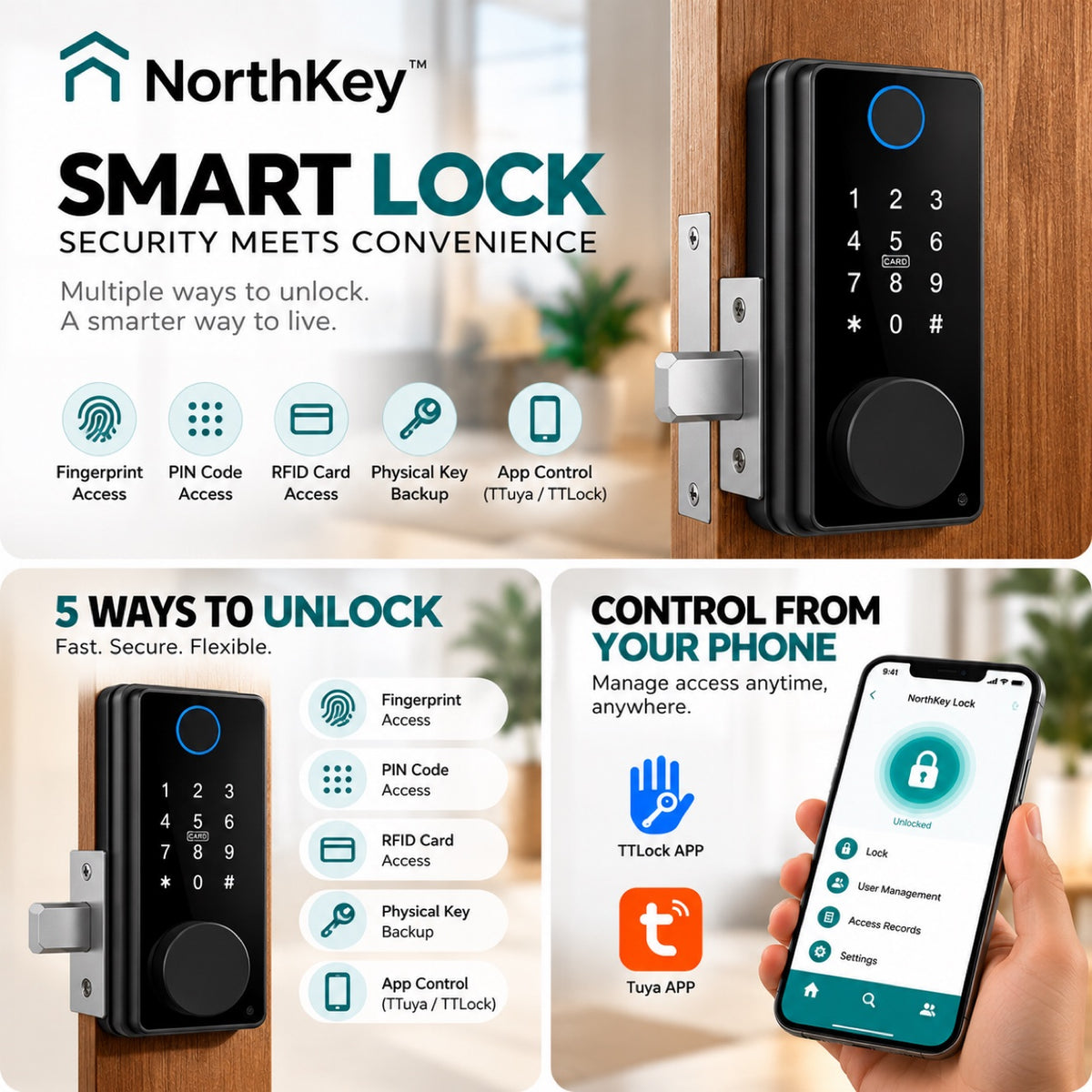 NorthKey WX19 five unlock methods, fingerprint, PIN, RFID card, key and app control