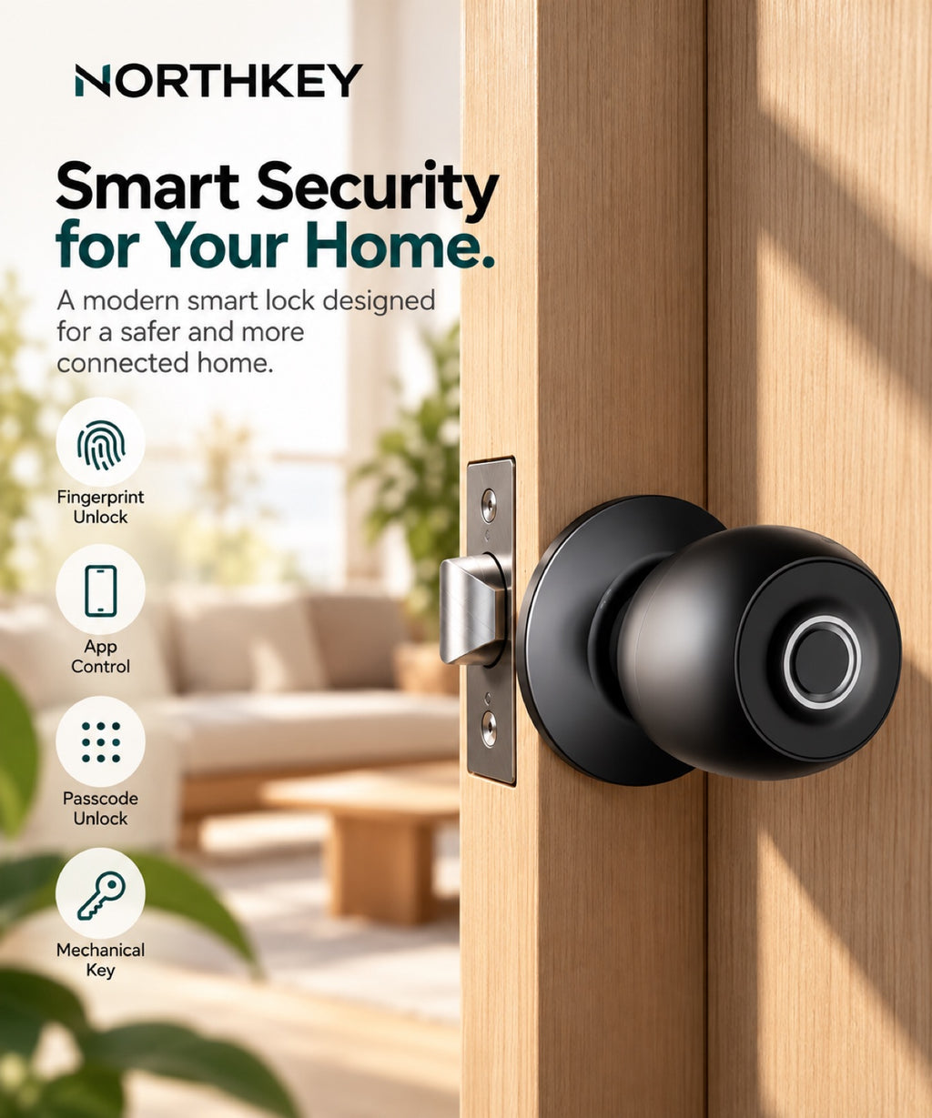 NorthKey WF33 fingerprint knob lock installed on a wooden door