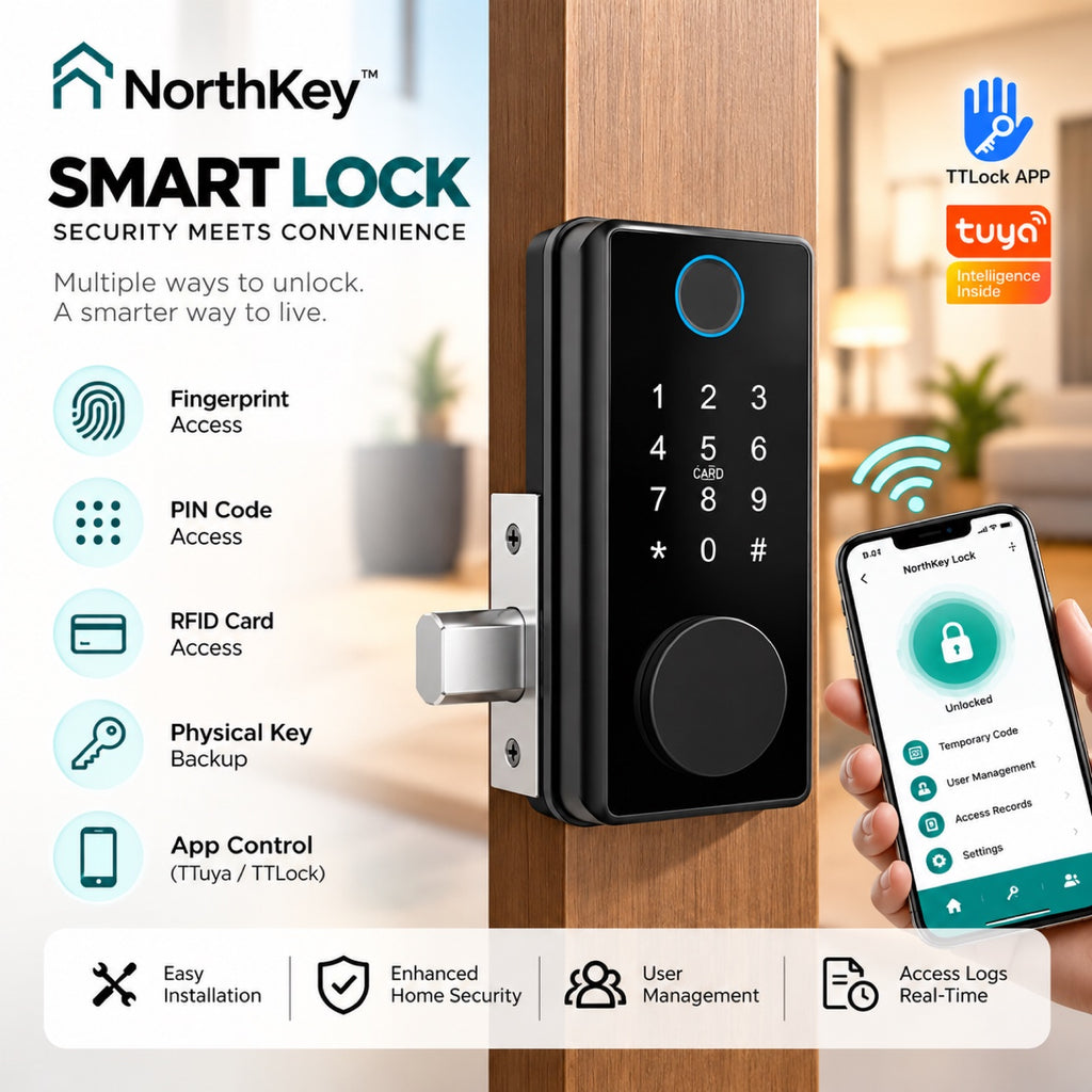 NorthKey WX19 WiFi slim deadbolt on a wooden door with phone showing the app
