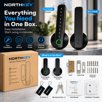 NorthKey WF48 fingerprint lever lock, front and back views with five unlock methods